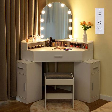 PRICES MAY VARY. 👉【You Will Receive 2 Boxes】 ⭐【Corner Vanity with Adequate Storage Capacity】Do you want to make the most of the corner of your bedroom or the living room? USIKEY corner makeup table is designed to fit snugly into the corner of your room, provides 1 long shelf, large smooth tabletop, 1 big drawer and 2 retractable side cabinets, saves space while also providing an excellent habitat for your makeup and jewelry, it will be the perfect complement to the corner of your room. ⭐【Corner Corner Makeup Vanity Ideas, Corner Vanity Bedroom, Corner Makeup Vanity, Desk With Mirror And Lights, Lights Makeup, Vanity Desk With Mirror, Desk With Mirror, Makeup Vanity Table, Corner Vanity