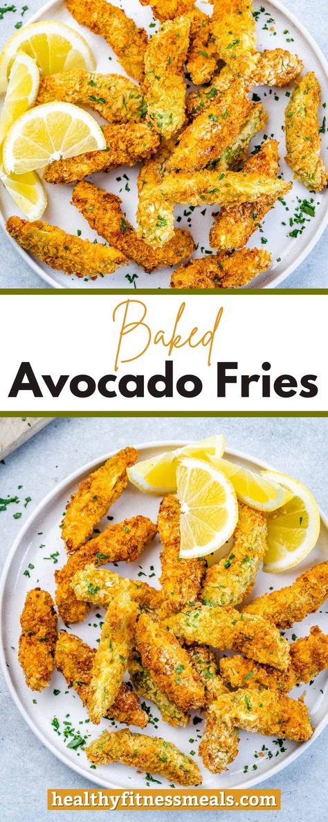 Crunchy, soft, and creamy, these Baked Avocado Fries are addictive! No need for a deep frier here, these avocado fries are seasoned, breaded, and then baked to perfection. Perfect for entertaining or as a snack! This Baked Avocado Fries recipe is one of my all-time favorite healthy fries recipes. They’re super crunchy on the outside, soft, smooth, and creamy inside, and they are loaded with so many good nutrients including omega-3s. What’s not to love about that?! Side Dishes With Avocado, Baked Avacacado Recipes, Healthy No Cook Snacks, Recipes Using Avocados, Omega 3 Recipes Healthy, Avocado Baked Goods, What To Eat With Avocado, Baked Avocado Recipes, Hidden Avocado Recipes