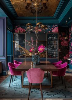 Dining Room With Pink Chairs, Jewel Toned Dining Room, Creative Dining Room Ideas, Dining Room Rugs Ideas, Whimsigoth Dining Room, Maximalist Dining Rooms, Art House Interior, Colourful Dining Room, Small Living Dining Room Ideas