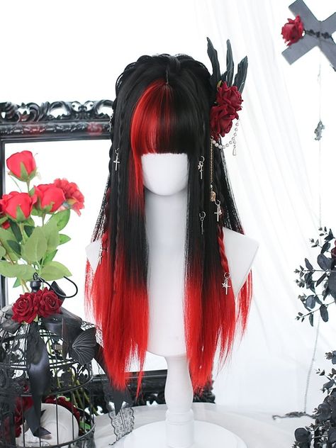 Attention: This price includes a wig only, hair accessories, hair styling and others are not included.  Hair length: 50-55cm Wig Details:Straight / Synthetic Hair Black And Red Ombre, Easy Hair Drawings, Black To Red Ombre, Holographic Fashion, Dark Red Hair Color, Red Hair Accessories, Black Red Hair, Straight Hair Wig, Red Ombre Hair