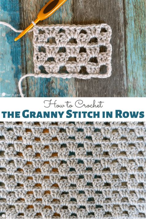 How To Granny Stitch Crochet, Granny Stitch Rectangle, Crochet Granny Stitch In Rows, Granny Square Crochet Stitch, Wide Stitch Crochet, Granny Square Alternative, Granny Square Lapghan Pattern, Crochet Granny Square Stitch, Knit Stitch Crochet Tutorial