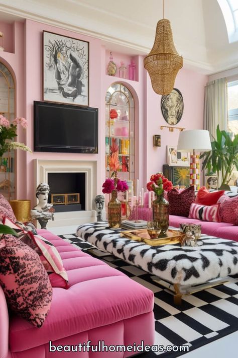 28 Maximalist Living Room Ideas For A Beautiful Living Space - Beautiful Home Ideas Hot Pink Couch Living Room, Hot Pink Living Room Ideas, Maximist Decor Living Room, Pink Maximalist Living Room, Girly Maximalist Decor, Girly Maximalism, Pink Maximalist Decor, Maximalist Decor Apartments, Eclectic Glam Decor