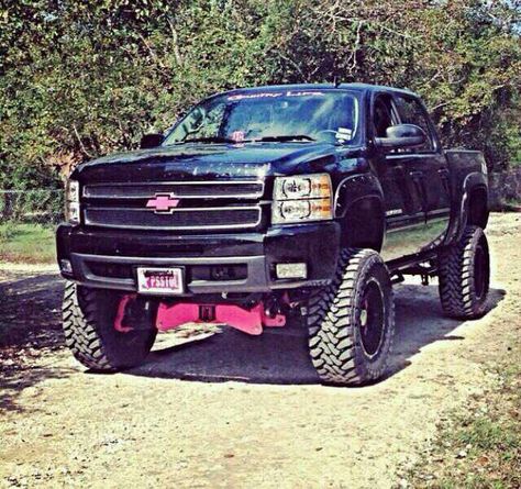 Pink Black Silverado Jacked Up Chevy, Custom Lifted Trucks, Pink Truck, Lifted Chevy Trucks, Lifted Chevy, Jacked Up Trucks, Truck Yeah, Dirt Road, Truck Tyres