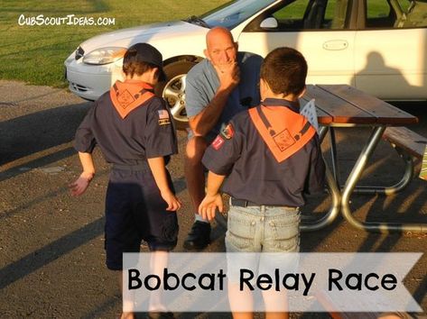 New Cub Scouts of all ages must earn their Bobcat rank advancement. Games make it fun to learn, and this Bobcat rank relay race is no exception. Cub Scout Law, Relay Race Games, Cub Scout Games, Boy Scout Activities, Cub Scouts Wolf, Cub Scouts Bear, Tiger Scouts, Cub Scouts Tiger, Scout Games