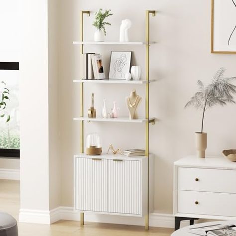 Bookshelf With Doors, Shelf With Storage, Ladder Shelves, Shelves For Living Room, Ladder Bookshelf, Cabinet Modern, Frame Structure, Ladder Shelf, Luxury Aesthetic