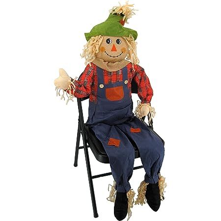 Greet your guest and trick-or-treaters like never before! #Fall #Harvest #Halloween #Decor #FallDecor Large Scarecrow, Fall Outdoor Decorations, Sitting Scarecrow, Primitive Scarecrows, Scarecrow Decorations, Tall Chair, Glass Table Decor, Fall Harvest Decorations, Porch Pumpkins