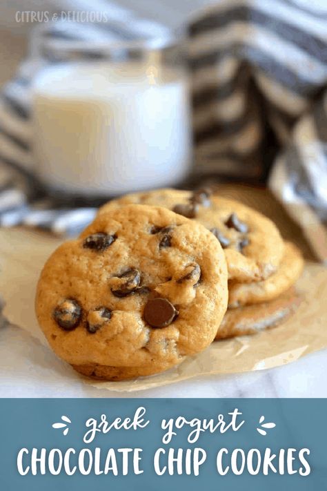 Lighten up the classic chocolate chip cookie by using less butter. Super soft and filled with chocolate chips, these Healthier Greek Yogurt Chocolate Chip Cookies are a crowd favorite!