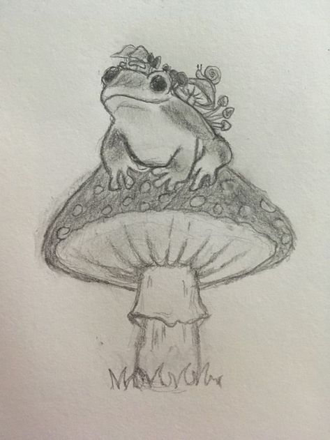 Frog On A Mushroom Drawing, A Mushroom Drawing, Frog On A Mushroom, Animal Sketches Easy, Frog Sketch, Village Drawing, Diy Canvas Art Easy, Markers Drawing Ideas, Mushroom Drawing