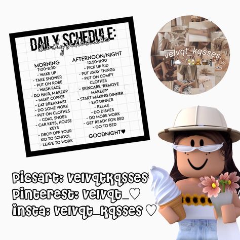 check out my insta, & picsart. Drop a follow and like!🙈 for any decal requests, dm me! <3 i forgot to add the code to the picture but check the comments! Bloxburg Timetable Decals, Bloxburg Schedule Codes, Bloxburg Chores List Codes, Bloxburg Rp Ideas, Mom Daily Schedule, Club Roblox Image Id Codes, Berry Avenue Decal Codes, Pregnancy Illustration, Picture Codes