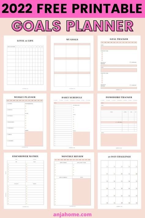 Download a free goal setting worksheet planner and plan 2022 to be the best year ever #anjahome #2022freeprintables #freebulletjournalprintables This cute goals planner template includes the following inserts: level 10 life chart, yearly goals, goal tracker, monthly calendar, weekly layouts, daily schedule, Pomodoro tracker, etc These pink 2022 goal planning sheets work great as a bullet journal, student binder, or life planner #free2022planner #freeplanner #2022bulletjournal Yearly Goals Planner Ideas, Monthly Goal Setting Worksheet, Daily Goal Template, Year Planner Ideas Goal Settings, Weekly Goal Setting Worksheet, Month Goals Template, New Year Planner Layout, Monthly Goal Planner Printable Free, Goal Planner Template Free Printables