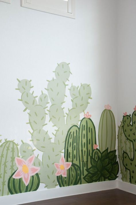 Cactus Garden Nursery Mural — Maggie Antalek Painted Cactus Wall, Paint Ideas For Classroom Walls, Western Nursery Mural, Desert Playroom, Western Wall Painting Ideas, Cowgirl Mural, Cactus Wall Painting, Desert Classroom Theme, Nursery Garden Ideas