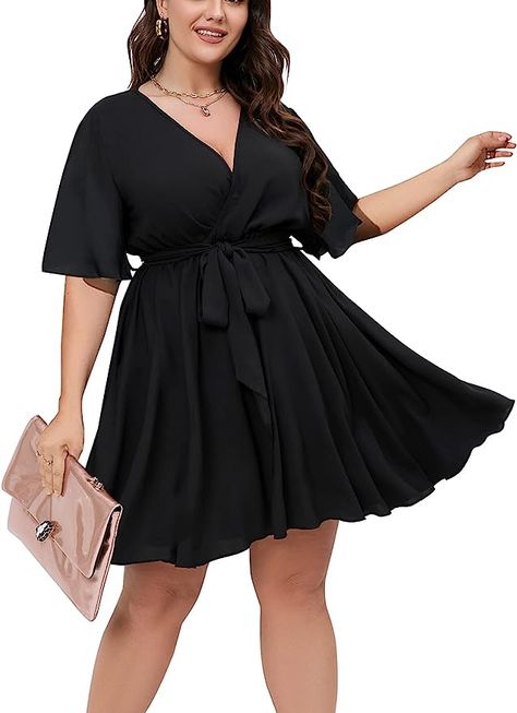 SCOMCHIC Women's Plus Size Long Sleeve Wrap V Neck Tie Waist A Line Mini Short Dress at Amazon Women’s Clothing store Plus Size Skater Dress, Plus Size Short Dresses, Sukienki Plus Size, Plus Size Summer Dresses, Short Sleeve Summer Dresses, 파티 드레스, Plus Size Cocktail Dresses, Vestido Plus Size, Short Summer Dresses