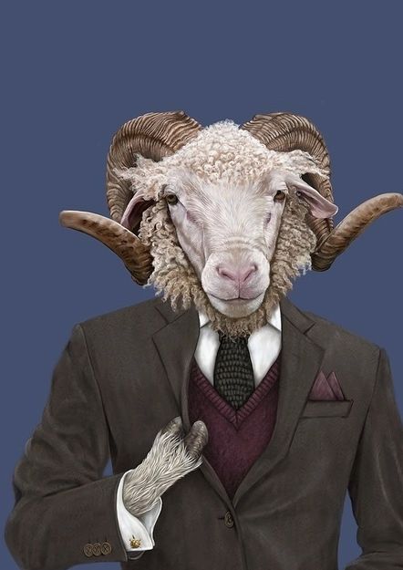 (3/4) WINNER of 'CREATURES OF THE LAND' Open Call is CHRISTOPHER HALL. "Pure Wool belongs to are portraits of anthropomorphic animals, inspired by characters from everyday life (and sometimes, not-so-everyday life). In this one, the ram retains all his wool - just in the form of a wool suit, jumper, and tie."⠀ Fantasy Creatures, Sheep With Horns, Frog Drawing, Cow Horns, Human Poses Reference, Animal Heads, Giclee Art, Giclee Art Print, Animal Paintings