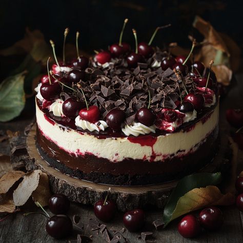 Cherry Chocolate Cheesecake Recipes, Black Forest Cheesecake Symphony, No Bake Black Forest Cheesecake, Blackforest Cheesecake Recipes, Black Forest Tiramisu, Cherry Cheesecake Trifle, Chocolate Cherry Desserts, Black Forest Pastry, Cherry Chocolate Cheesecake