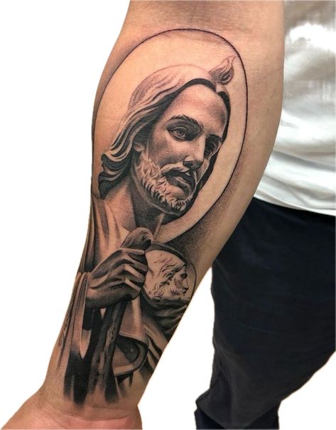 San Judas Tadeo Tattoo, Inner Bicep Tattoo, Forarm Tattoos, Bicep Tattoo, Religious Tattoos, Lego Pictures, Cute Tattoos For Women, St Jude, Arm Tattoos For Guys