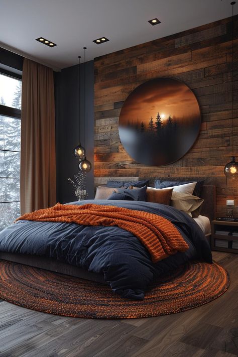 Wood Inspired Bedroom, Ski House Bedroom Cozy, Best Color Schemes For Bedroom, Male Master Bedrooms Decor, Cozy Colors For Bedroom, Master Bed Inspiration, Cozy Bedroom Colorful, Moody Bohemian Bedroom, Livingroom Color Ideas