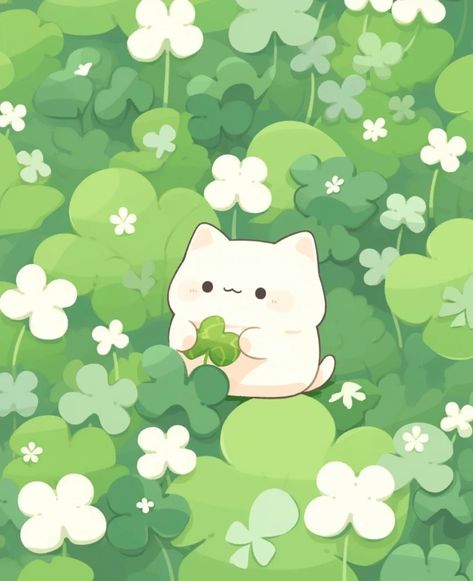 Kawaii Art Green, Green Aesthetic Cartoon, Clover Cartoon, Clover Wallpaper, Goofy Drawing, Green Cute, Feature Wallpaper, Cute Animal Clipart, Cute Emoji Wallpaper