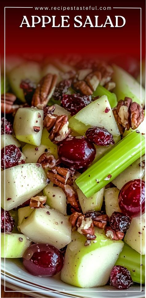 This vibrant Apple Salad combines the crispness of Honeycrisp apples, the crunch of celery, sweet grapes, toasted pecans, and tangy dried cranberries, all enveloped in a creamy dressing. Perfect as a refreshing side dish or light lunch, it’s a delightful way to enjoy the flavors of autumn. Salad With Granny Smith Apples, Apple Celery Walnut Salad, Apple Sides For Pork, Apple Cranberry Pecan Salad, Apple Crisp Salad, Apple Grape Salad Recipe, Apple Salad Recipe Easy, Applesauce Salad, Celery Salad Recipes