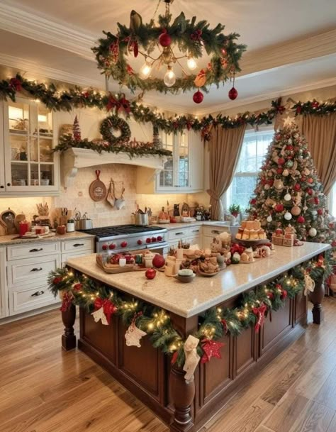 House Decorating Christmas, Christmas Train Under Tree, Christmas Townhouse Decor, Kitchen At Christmas, Traditional Christmas Kitchen, Decorating Kitchen Island For Christmas, Kitchen Decorated For Christmas, Cheap Easy Christmas Decor, Kitchen Christmas Ideas