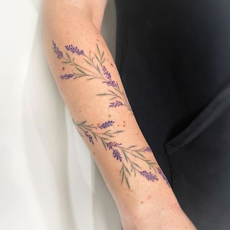 Lavender Leaves Tattoo, Unique Lavender Tattoo, Lavender Band Tattoo, Tattoo Ideas Lavender Flower, Forearm Lavender Tattoo, Lavender Wrap Tattoo, Big Lavender Tattoo, Lilac Tattoo Forearm, Lavender Arm Band Tattoo