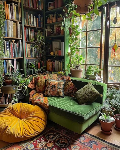 Fun Reading Nook, Conservatory Reading Room, Cozy Nook Aesthetic, Green Reading Corner, Dark Green Aesthetic House, Home Library Small Room, Reading Armchair Corner, Green Aesthetic House Decor, Cosy Home Library