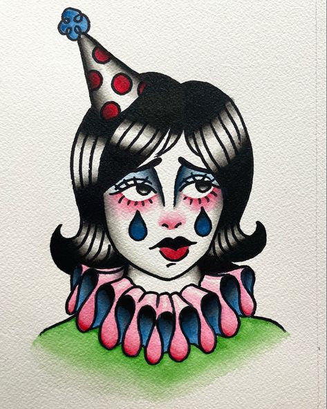 Circus Flash Tattoo, Rodeo Clown Tattoo, Clown Flash Tattoo, Girl Clown Drawing, Female Clown Tattoo, American Traditional Clown, Vintage Clown Tattoo, Clown Girl Drawing, Clown Flash