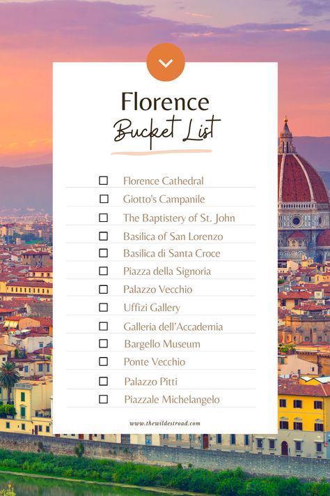 A plan of the 13 best sights in Florence, Italy. It consists of Florence Cathedral, Giotto's Campanile, The Baptistery of St. John, The Basilica of San Lorenzo, The Basilica of Santa Croce, Piazza della Signoria, Palazzo Vecchio, Uffizi Gallery, Galleria dell'Accademia, Bargello Museum, Ponte Vecchio, Palazzo Pitti and Piazzale Michelangelo. Florence Bucket List, Florence Travel Guide, Italy Bucket List, Italy Trip Planning, Florence Italy Travel, Florence Cathedral, Bucket List Travel, Visit Florence, Florence Travel