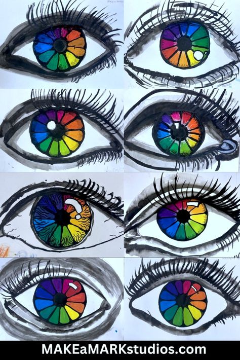 How to create a color wheel in an eye » Make a Mark Studios Color Theory Art Lessons, Color Theory Projects, Color Wheel Art Projects, Color Wheel Projects, Colorful Art Projects, Color Wheel Art, Color Theory Art, Color Lessons, 7th Grade Art