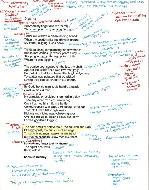 DiggingAnnotated0001 How To Annotate Poems, Annotating Poems, Annotating Poetry, Analyzing Poetry, Poetry Analysis, Seamus Heaney, Ap Literature, Teaching Literature, Ap English