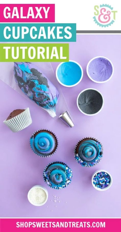 Galaxy Jello Cups, Galaxy Cupcakes How To Make, Diy Galaxy Cupcakes, Galaxy Cupcakes Frostings, Space Food Party, Spaceship Cupcakes, Outer Space Cupcakes, Cosmic Cupcakes, Space Themed Snacks