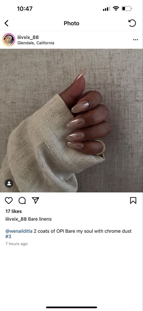 Glossy Chrome Nails, White And Gold Nails Short Almond, Chrome Mani Pedi, Clear Coat With Chrome Nails, Pearl Nails Brown Skin, Nail Dust, Rounded Chrome Nails, Bare My Soul Chrome Nails, Engagement Nails Chrome