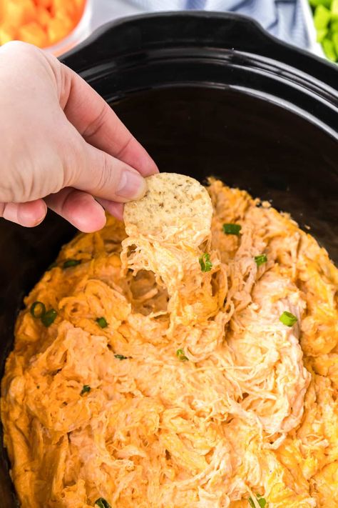 Slow cooker buffalo chicken dip in the slow cooker only needs five easy ingredients to make a creamy dip perfect for game day and parties. Buffalo Chicken Dip Sour Cream, Non Dairy Buffalo Chicken Dip, Buffalo Chicken Dip Mini Crock Pot, Healthy Buffalo Chicken Dip Crock Pot, Crockpot Chicken Buffalo Dip, Buffalo Dip No Chicken, Easy Buffalo Chicken Dip Crock Pot, Canned Chicken Buffalo Dip, Crockpot Chicken Wing Dip