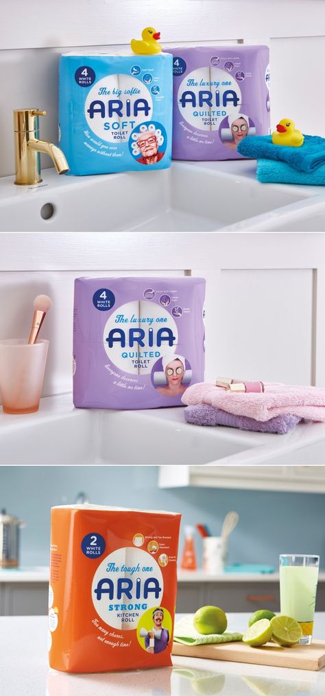 Aria Soft Toilet Paper Comes With Spunk and a Sense of Humor — The Dieline | Packaging & Branding Design & Innovation News Tissue Social Media Design, Tissue Package Design, Toilet Paper Branding, Toilet Paper Packaging Design, Tissue Packaging Design, Aura Branding, Toilet Paper Packaging, Garden Packaging, Toilet Paper Design