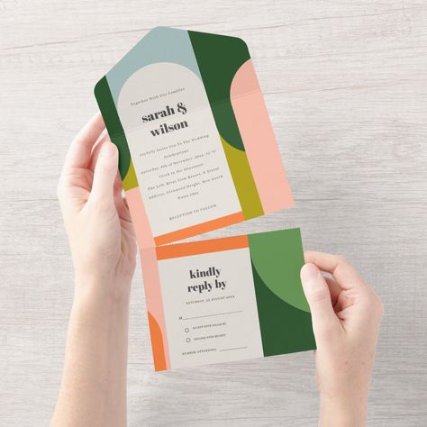 Abstract Wedding Invitations, Colorful Wedding Invites, Arch Branding, Orange Green Wedding, Retro Themed Wedding, Groovy Wedding, 70s Theme, Invitation Etiquette, 21 Diner