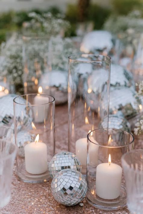 Candles-and-disco-balls-table-decor-styling-.webp (683×1024) Table Centerpiece With Candles, Disco Ball Table, Centerpiece With Candles, Disco Birthday Party, New Years Wedding, Disco Theme, Nye Wedding, New Year's Eve Celebrations, Nye Party