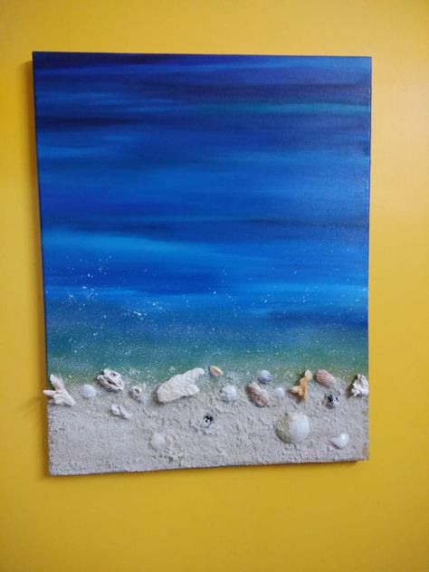 Painting Ideas On Canvas Beach Theme, Ocean And Sand Painting, Beach Painting With Shells, Beach Painting With Sand, Painting With Seashells, Painting With Shells, Beach Art Diy, Beach Canvas Paintings, Beach Themed Crafts