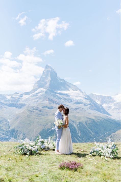 Couple elope in front of the Matterhorn Swiss Alps Elopement, Swiss Alps Wedding, Zermatt Wedding, Swiss Elopement, Wedding In Mountains, Switzerland Elopement, Alps Wedding, Swiss Wedding, Switzerland Wedding