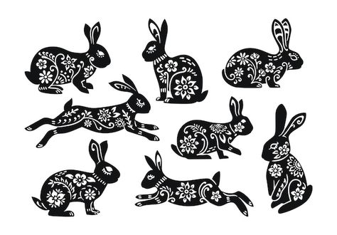 Folk Rabbit Illustration, Scandinavian Rabbit Illustration, Year Of The Rabbit Tattoo Design, Folk Rabbit Tattoo, Rabbit Sillouhette, Rabbit Folk Art, Year Of The Rabbit Art, Rabbit Illustration Design, Folk Rabbit