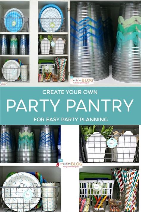 Create your own party pantry with party supplies. Stock up on paper plates, napkins plastic silverware, birthday cake candles, paper straws and more! Be ready to celebrate for any event anytime!  Organizing party supplies | Organized paper supplies | BBQ picnic supplies.  Find more details on TodaysCreativeLife. Just click the photo. Plastic Forks And Spoons Organizer, Organizing Party Supplies Ideas, Storing Party Supplies, Organize Paper Plates And Cups, Organizing Event Supplies, Organizing Plastic Utensils, Organizing Paper Plates And Napkins, Paper Plates Organization, Paper Plate Organization