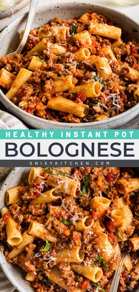 Healthy Instant Pot Bolognese! Not only is this easy sauce recipe perfect for quick weeknight dinners, but it is also rich, flavorful, and hearty. Plus, this bolognese sauce is low-fat with a combo of ground turkey and ground beef! Serve it over your favorite pasta dishes! Instapot Best Recipes, Instant Loss Recipes, Instant Pot Beef Meals, Pasta Recipes Ground Turkey, Instant Pot Healthy Meals, One Pot Instant Pot Meals Healthy, Ground Beef Recipes For Dinner Healthy Instant Pot, Soup Ideas Instant Pot, Insta Pot Beef