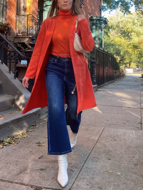 Orange jacket fall ootd city outfit orange turtleneck sweater white booties wide leg jeans Orange Turtleneck Outfit, Orange Turtleneck, Money Doesnt Buy Happiness, Turtleneck Outfit, Blair Waldorf, Bell Bottoms, Bell Bottom Jeans, Character Inspiration, Turtle Neck