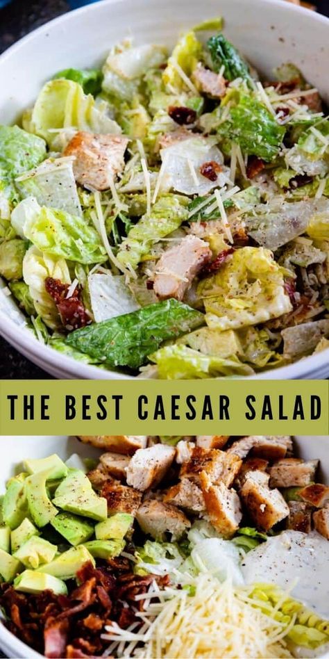 This Caesar Salad with bacon is a quick and easy salad recipe. You can easily prep parts ahead of time so all you have to do is assemble if you’re crunched for time. Tender chicken and crispy bacon tossed with lettuce, parmesan cheese and Caesar dressing makes this salad irresistible! Power Salads, Chicken Caesar Salad Recipe, Grilled Chicken Caesar Salad, Chicken Caesar Pasta Salad, Caesar Salad Recipe, Chicken Caesar, Chicken Caesar Salad, Caesar Dressing, Salad Recipes For Dinner