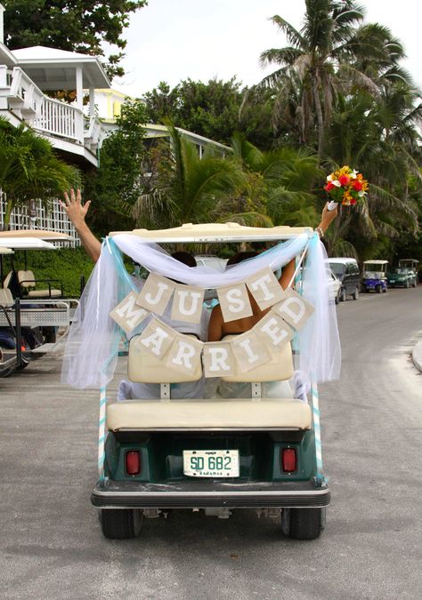 Golf Cart Wedding Decorating Ideas, Golf Cart Getaway Wedding, Just Married Golf Cart Decorations, Golf Cart Wedding Exit, Just Married Golf Cart, Wedding Golf Cart, Wedding Vehicles, Jojo Wedding, Wedding Bahamas