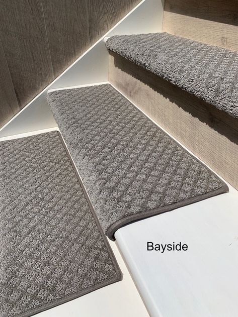 Padded Carpet Stair Treads Bayside Charm Bayside | Etsy Grey And White Stairs, Stair Riser Vinyl, Stair Tread Covers, Carpet Treads, White Stairs, Hardwood Stairs, Sisal Carpet, Carpet Stair Treads, Stair Mats