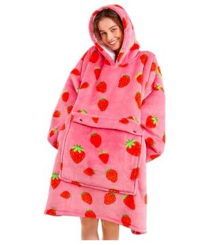 Giant warm and fun cozy, great for anyone in your life! Strawberry Blanket, Weird Gifts, Oversized Blanket, Hoodie Cozy, Pink Strawberry, Blanket Hoodie, Hoodie Blanket, Wearable Blanket