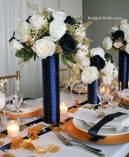 Navy Wedding Centerpieces, Navy Blue And Gold Wedding, Gold Centerpiece, Gala Decorations, Navy Party, Tall Centerpiece, Blue Centerpieces, 18th Anniversary, Gold Centerpieces