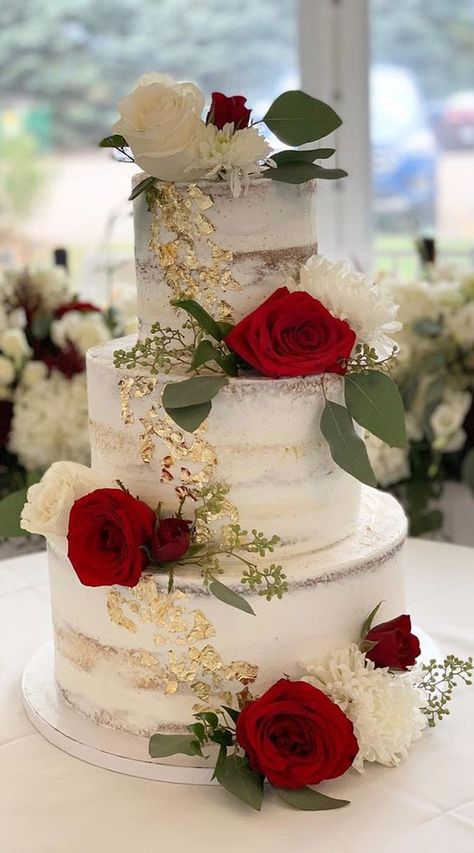 Red Rose Wedding Cake 2 Tier, White Red And Gold Cake, Wedding Cakes With Roses, Red White Wedding Cake, Wedding Cake With Red Flowers, Trending Wedding Cakes, Cakes With Roses, Red And White Wedding Cake, Wedding Cake With Red Roses