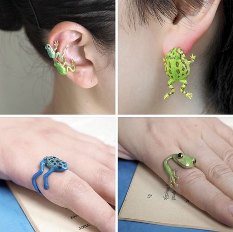 Frog Ear Cuff, Frog Rings Jewelry, Clay Frog Earrings, Frog Earring, Frog Accessories, Frog Clothes, Frog Things, Frog Clay, Frog Rings