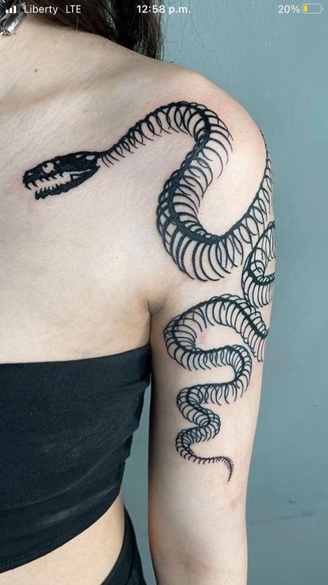 Snake Skeleton Tattoo, Noir Tattoo, Snake Skeleton, Animal Tattoos For Women, Around Arm Tattoo, Skeleton Tattoo, Snake Tattoo Design, Skeleton Tattoos, Side Tattoos