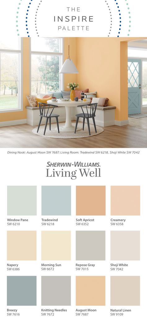 Bring joyful, happy hues into your home with the Inspire color palette, part of the Sherwin-Williams Living Well™ collection of paints that actively sanitize or purify the air. Tap this pin to explore all 12 colors, each carefully curated to fill any space with a glowing, feel-good warmth. #SWLivingWell #sherwinwilliams #inspire #paint #innovation #diy #colorinspiration Positive Energy Paint Colors, Happy Interior Paint Colors, 12 Colors Palette, Happy Paint Colors For Bedroom, Bright Color Schemes For The Home, Light Color Palette For Home, Happy Living Room Colors, Cottage Color Palette Interior, Self Care Color Palette